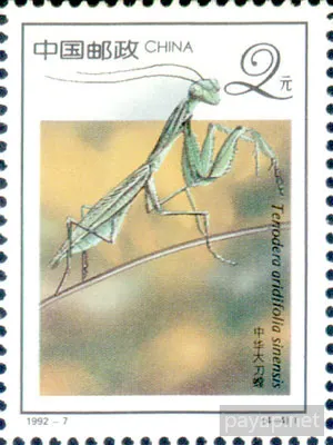 4-4 昆虫、Tenodera aridifolia sinensis、中華大刀蟷 2元 4-4 昆虫、Tenodera aridifolia sinensis、中華大刀蟷 2元