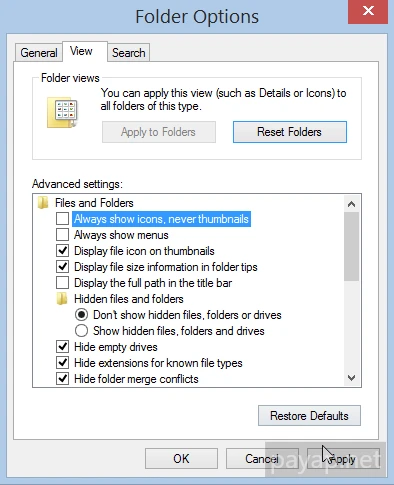 (Always show icons. never thumbnails)のチェックを外す。