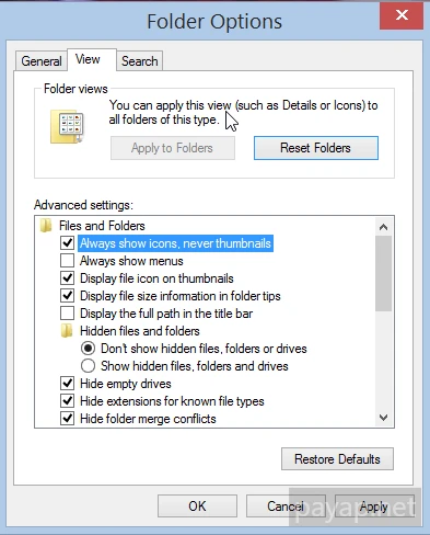 (Always show icons. never thumbnails)のチェックがある