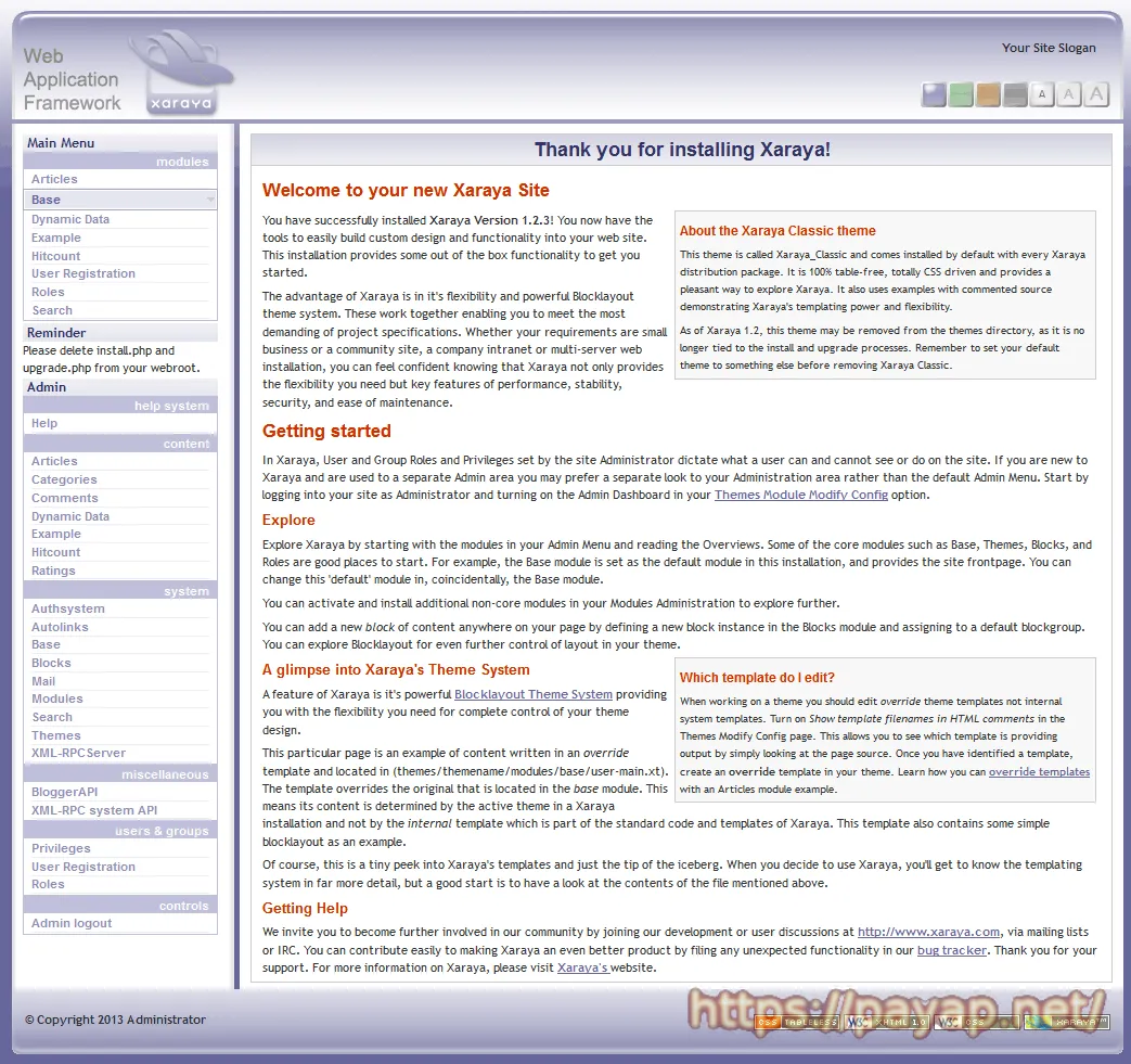 インストール直後のトップページ Xaraya Ver1.2.3